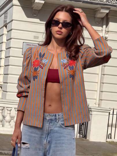GMFP Women's Autumn Casual Bohemian Style Orange & Blue Striped Floral Crew Neck Jacket, Suitable For Back To School, Halloween, Christmas Party And Daily Wear