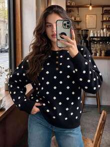 Women Half Button Polka Dot Knit Sweater Henley Neck Loose Drop Shoulder Casual Outfits For Fall Winter Going Out Dating Travel - Black - View 1