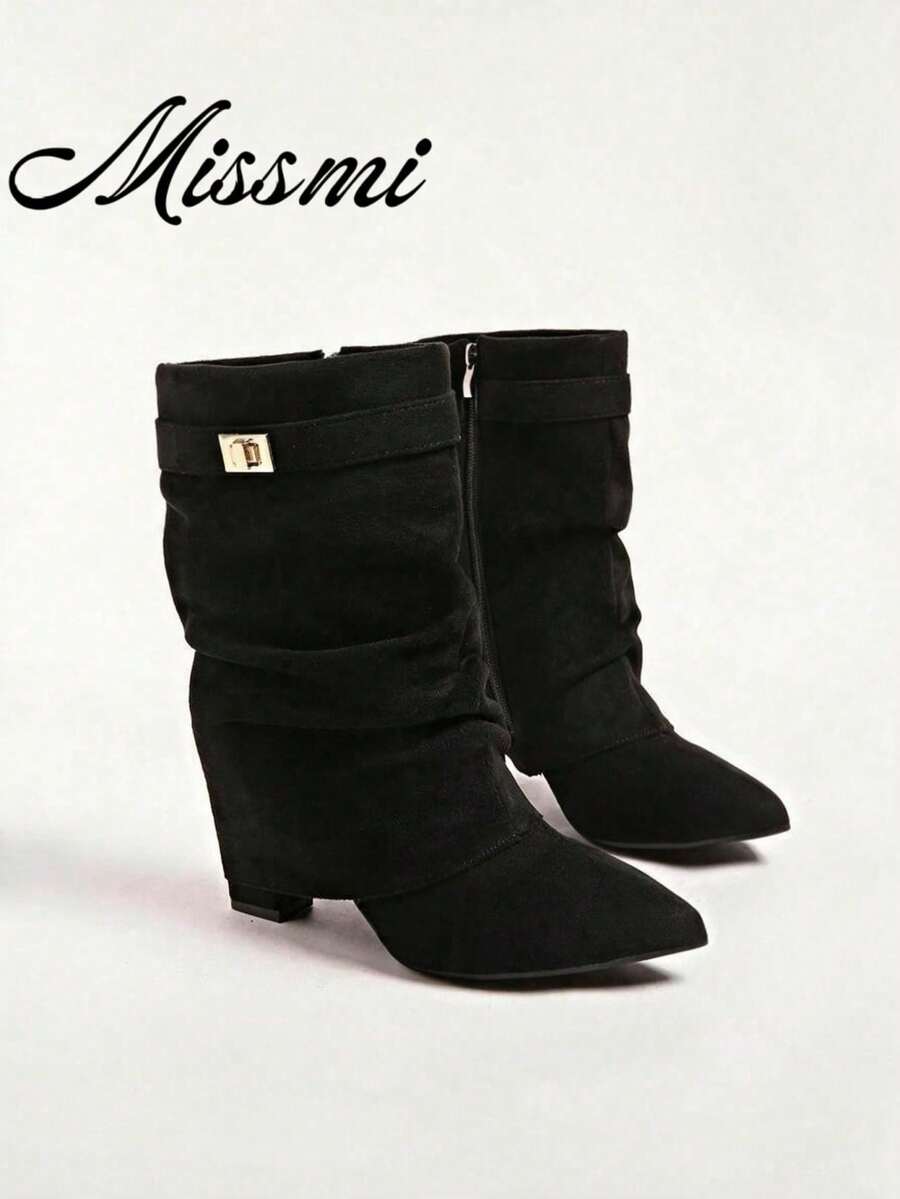 New Pointed Toe Chunky Heel Knee-High Boots Women Vintage Western Cowboy Riding Boots