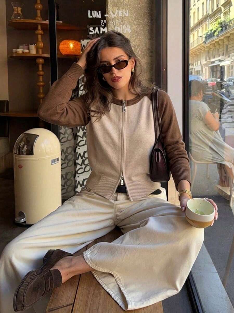 Contrast Trim Crew Neck Two-Way Zip Sweater Cardigan, Cropped Fit, Long Sleeves, Soft Knit, Beige, Casual Chic Fall/Winter Layering Top - Apricot - View 1