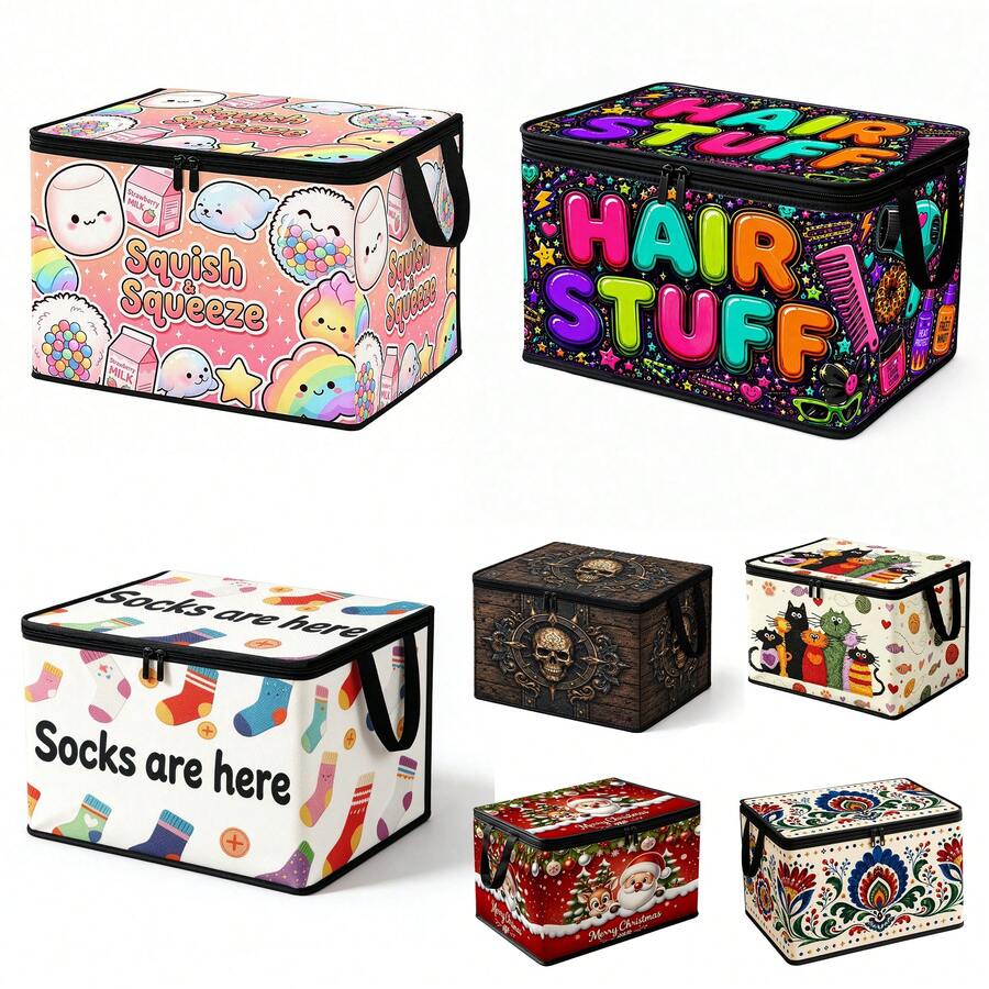 1pc Squish & Squeeze Cute Theme Storage Box, Foldable Soft Fabric With Zipper, Multiple Patterns And Sizes Available, Multi-Functional Storage Bag, Suitable For Storing Clothes, Towels And Bedding