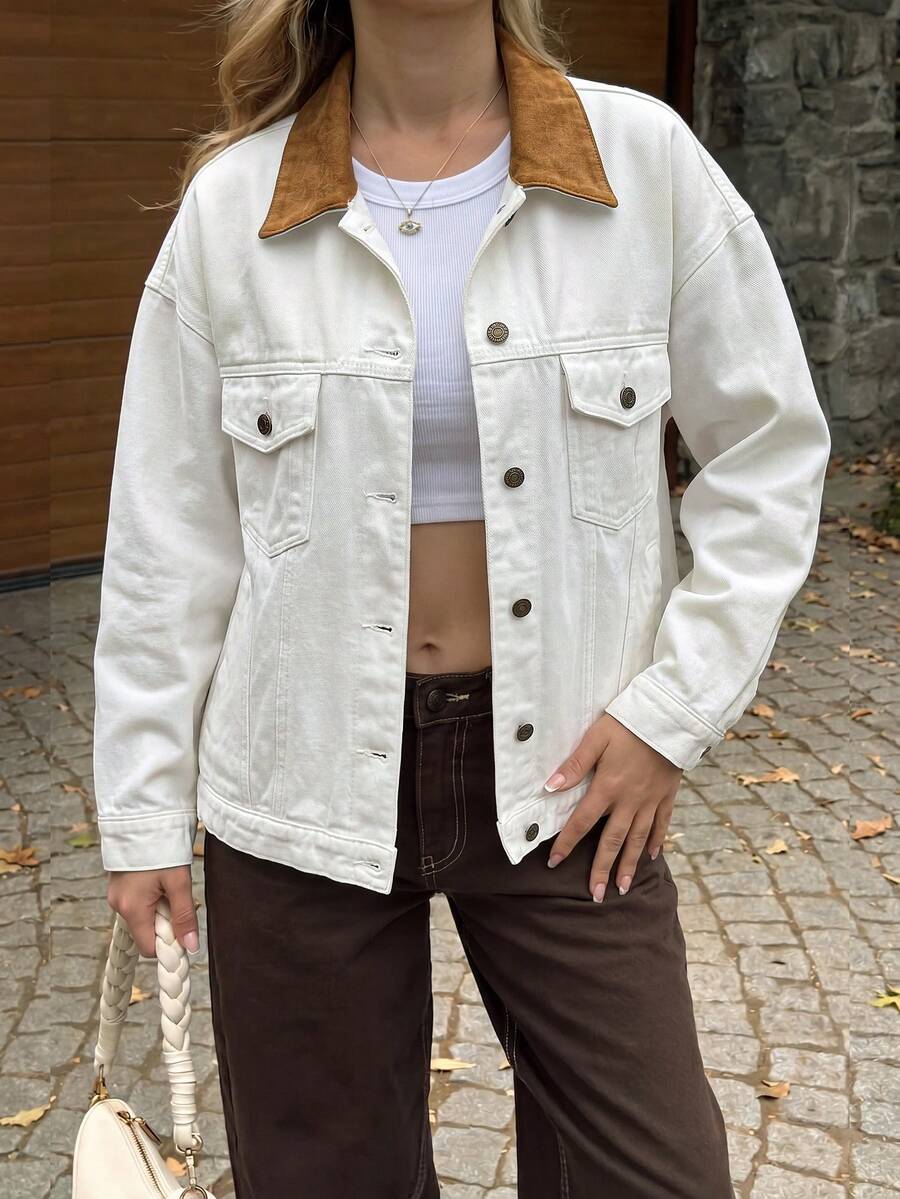 Vintage Colorblock Lapel Denim Jacket, Women's Loose Drop Shoulder Multi-Pocket Design Metal Button Casual Long Sleeve Jacket - White - View 1