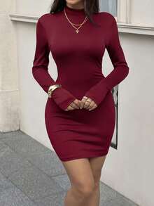 GLAMSKIN Women's Autumn/Winter Basic Slim Fit Mini Dress, Long Sleeve Side Ruched Bodycon Skirt, Solid Color Elastic Nightclub Party School Return Outing Dress - Burgundy - View 2
