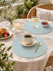 Round, Hand-Woven Placemats, Heat-Insulating And Decorative, Available In Various Colors. These Wrinkle-Resistant Placemats Are Perfect For Birthdays, Christmas, Halloween, And Other Occasions. - Baby Blue - View 1