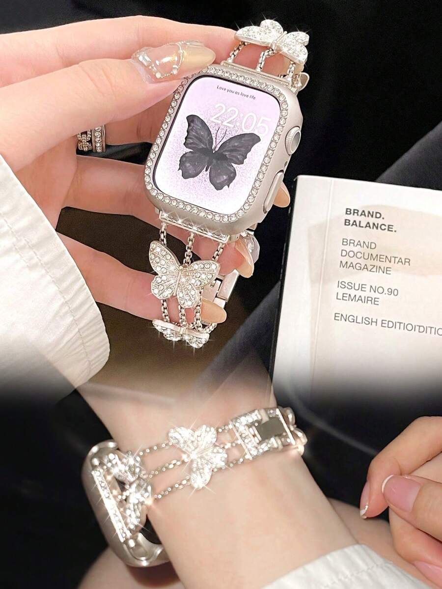 1件裝女款星光色優雅蝴蝶水鑽金屬錶帶，適用38/40/41/44/45/49/42/46mm，相容 S12/S11/SE3/Ultra4/Ultra3/Ultra/SE/SE2/10/9/8/7/6/5/4/3/2/1