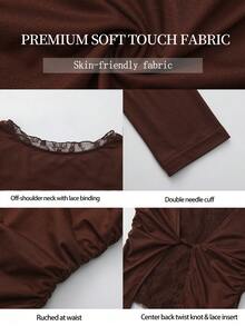 ARA CHIC Women's Off-Shoulder Long Sleeve Top With Lace Trim Collar, Ruched Waist, Back Center Knot,Lace Patchwork,Slim Fit,All-Season Elastic T-Shirt - Coffee Brown - View 7