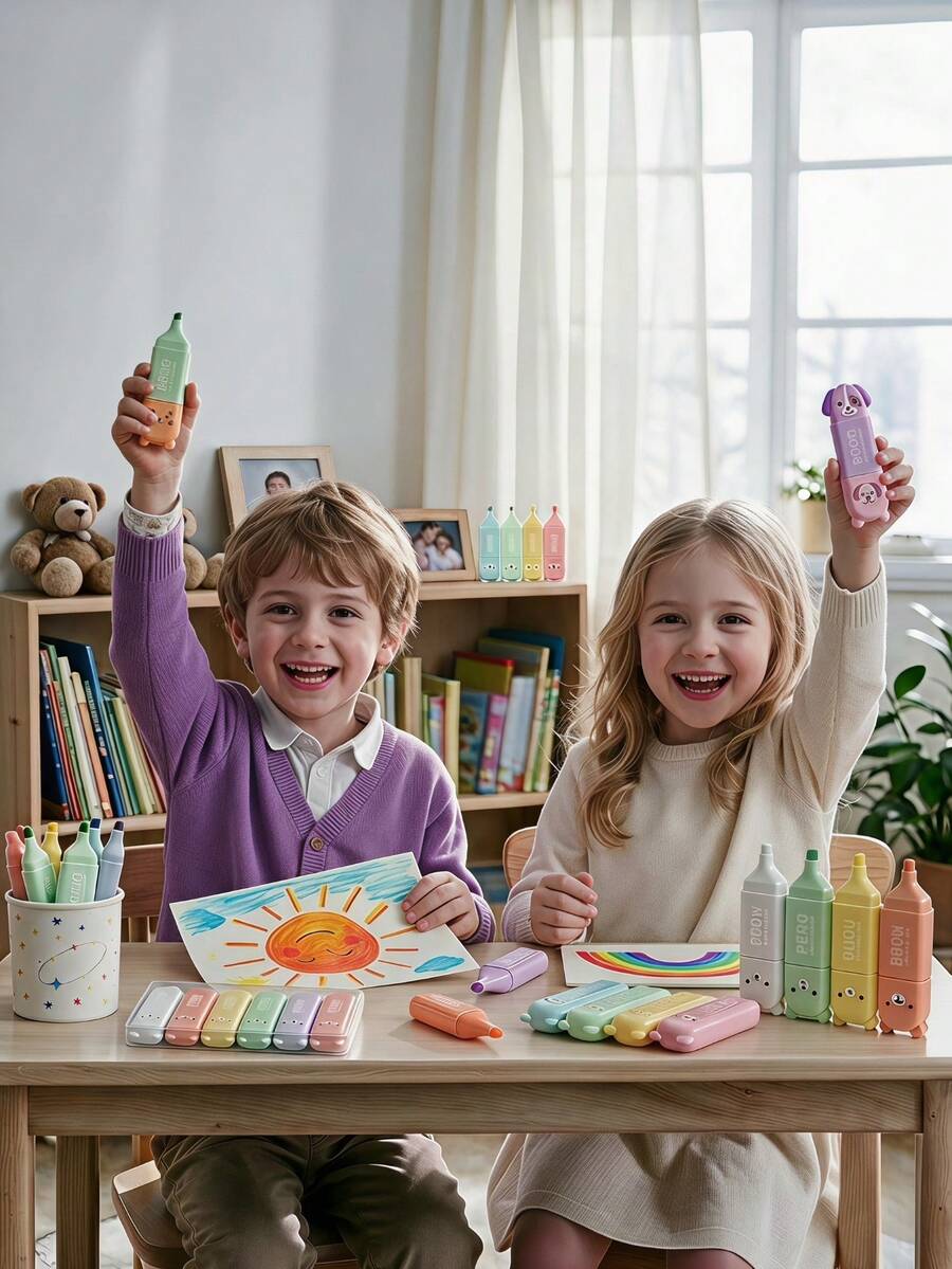 4/5/6 Colors/Set Cute Mini Bear Fluorescent Highlighter Pens, Pastel Chisel Tip Markers, School & Kindergarten Writing Supplies