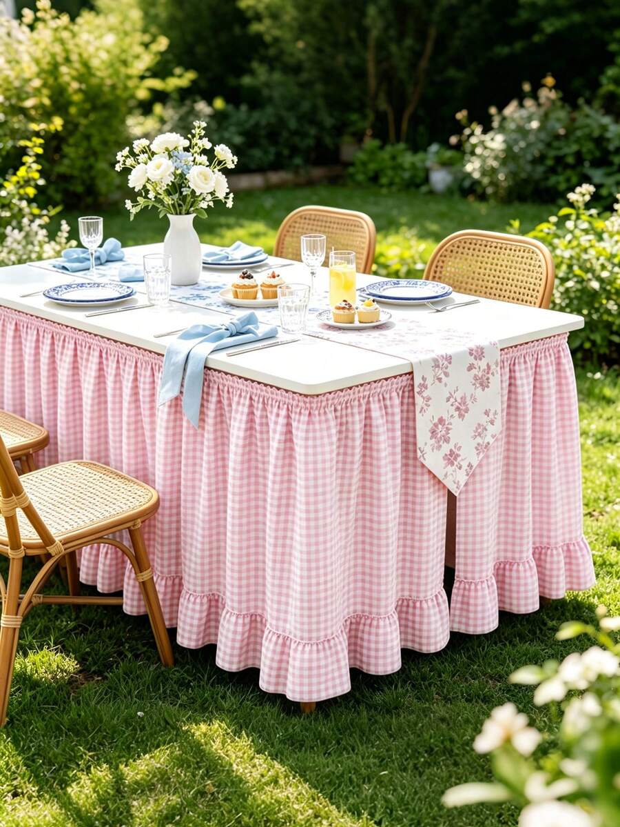 1pc Fresh Plaid Pattern With Soft Ruffle Design, Available In Multiple Soft Colors And Rich Size Options, Suitable For Different Length Dining Tables, Living Room, Bedroom, Dining Room And More - Pink - View 1