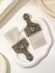 2/1PC Leopard Print Afro Pick Comb, Metal Wide Tooth Hair Pick For Curly Thick Hair, Anti-Snag Detangling Hair Lift Comb For Men Women Hair Styling Tool - Beard Comb - View 2
