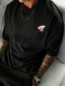 Men's Japanese Cherry Blossom Tree & Crescent Moon Back Graphic T-Shirt, Casual Loose Fit Short Sleeve Crew Neck Summer Top | Exquisite Design | Summer Essential | Versatile & Easy To Match, Showcase Your Style - Black - View 3