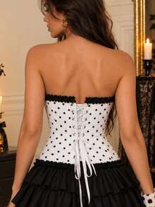 Yuwenier White Black Polka Dot Strapless Ruffle Fishbone Corset Set Bow Decor Bustier With Layered Mini Skirt Halloween Cosplay Party Outfits - White - View 2