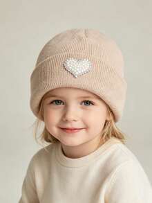 1pc Winter Fashion Rhinestone & Bead Kids Versatile Knitted Hat, Heart-Shaped Design, Warm Woolen Beanie With Ear Flaps For Boys & Girls Baby Daily Wear - 1PC - View 2