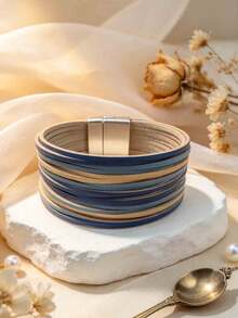 1pc European And American Style PU Leather Bracelet, Women's Fashion Commuter - Blue-brown - View 3