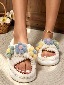 Sandal Rumah Hangat Berlapisan Bulu untuk Wanita, Sepatu Rumah Berbulu untuk Musim Gugur/Musim Dingin, untuk Dipakai di Dalam/Luar Ruangan - Putih - View 5
