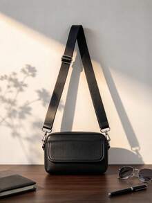 Men's Fashion Flap Small Square Crossbody Bag, Mini Shoulder Bag, Solid Color PU Leather - Black - View 2