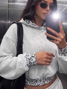 Women's Casual Leopard Print Pockets Short Length Oversized Long Sleeve Hoodies For Daily,Winter Fall Clothes,Fall Winter Outfit,Going Out Tops - Light Gray - View 6