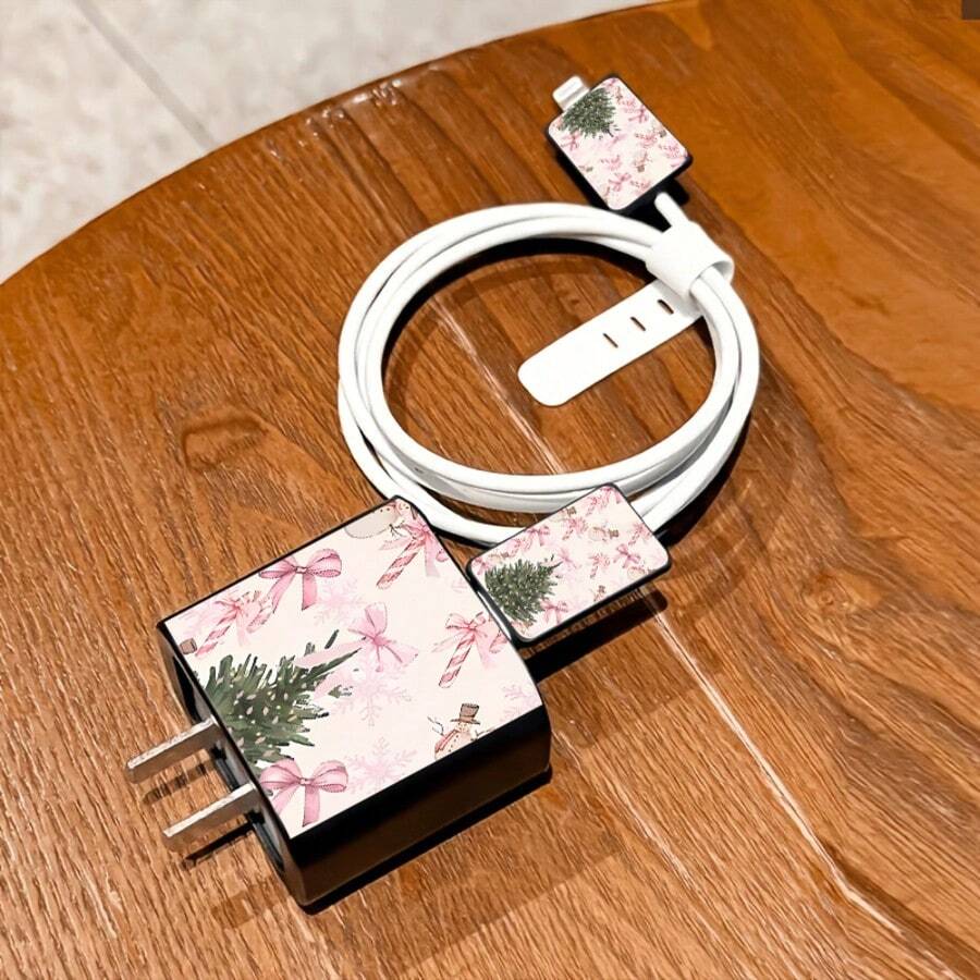4pcs 2D Flat Design Bow Christmas Tree Phone Charger Protector Set, Charger Head Cover + Cable Protector + Storage Rope, Compatible With IPhone 20W/18W Charger - Multicolor - View 1