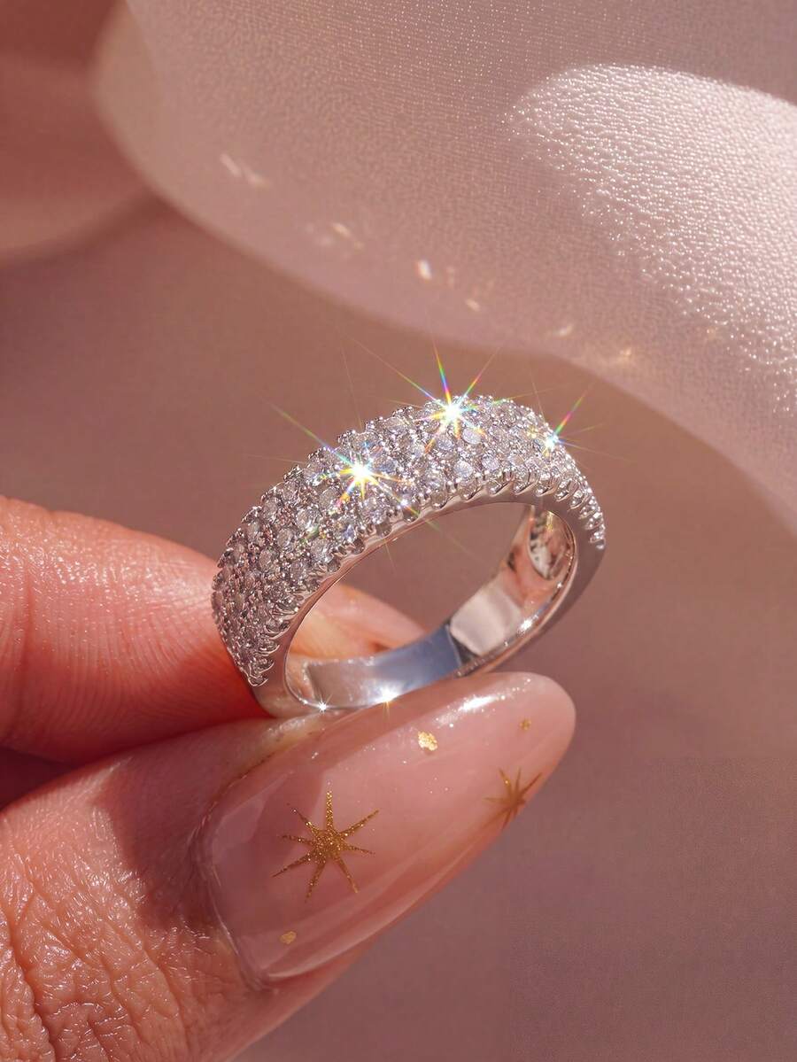 1pc Minimalist Triple Row Diamond Ring, Fashion Bridal Princess Ring, Women's Hand Jewelry, Exquisite Jewelry Gift