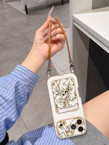 1pc Fashionable Personalized Full Screen Floral Branch & Leaf Pattern, Fashion Card Holder Lanyard TPU Material Shockproof Protective Phone Case, Can Be Used As Holiday Gift For Others, Compatible With Apple Phone 11/12/13/14/14plus/15/15plus/16/16plus/17/17pro/18pro/18pm And Other Models Protective Cover - Multicolor - View 4
