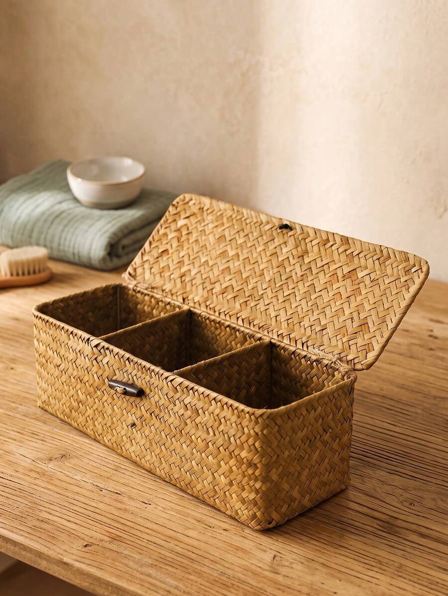 1pc Handwoven Seagrass Storage Basket With Lid, Rectangular Rattan Organizer Box, Suitable For Desktop, Kitchen, Bathroom, Bedroom, Multi-Functional Home Decor Container, Rustic Farmhouse Style, Toiletries/Office/Snack Storage, Countertop/Closet Organization
