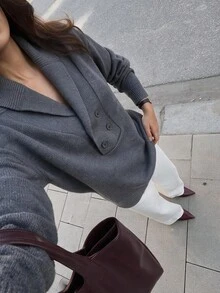 Women's Oversized Lapel Double-Breasted Knit Sweater, Dropped Shoulder Long Sleeve Loose Pullover - Grey - View 2