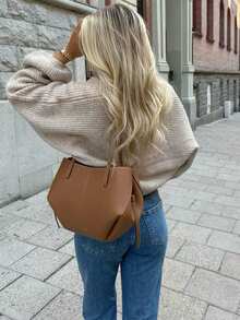 Plus Size Women's Casual Cute Y2K Style Ribbed Cropped Minimalist Knit Cardigan Sweater, Spring/Autumn Long Sleeve Outfit For Going Out, Back To School, Date, Holiday - Apricot - View 4