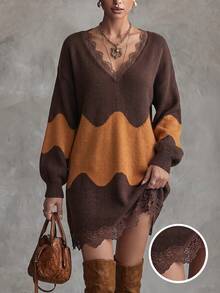 Women's Casual Elegant Wave Pattern V-Neck Lantern Sleeve Lace Short Flared Beach Cover-Up Dress - Brown - View 1