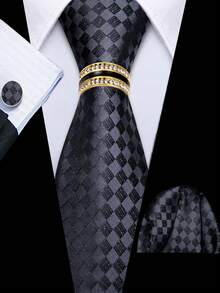 Men's Grey Small Check Tie Pocket Square Cufflinks Ring 4Pcs Set, Cufflinks Random Pattern, Wedding Business Suit Accessories - Grey - View 1