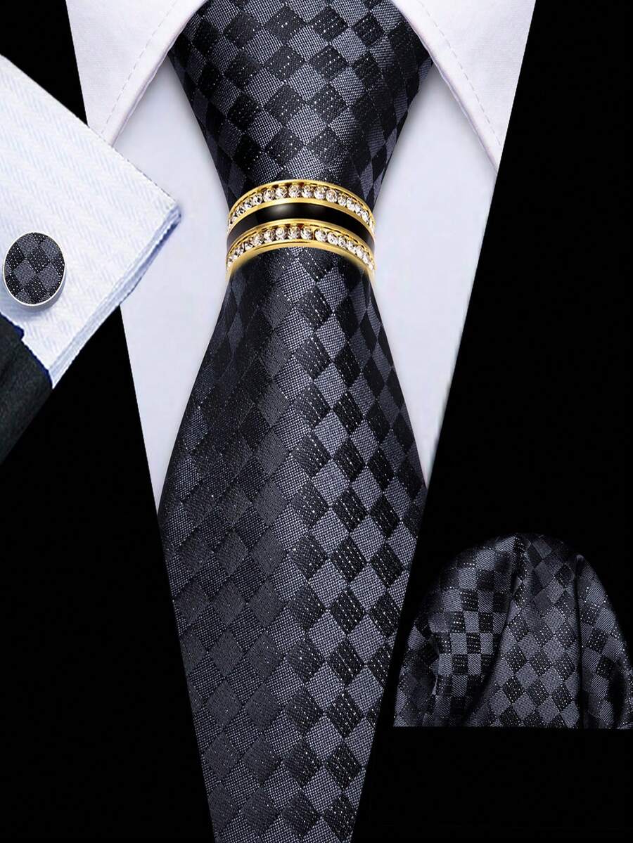 Men's Grey Small Check Tie Pocket Square Cufflinks Ring 4Pcs Set, Cufflinks Random Pattern, Wedding Business Suit Accessories - Grey - View 1
