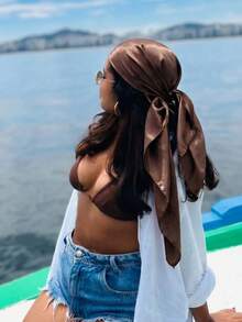 1PC Women Solid Satin Bandana 90*90cm, Versatile Square Head Scarf For Daily Wear - Coffee Brown - View 4