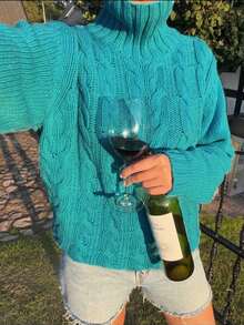Women Turtleneck Cable Knit Sweater, Solid Color Oversized Long Sleeve Loose Fit Warm Pullover Jumper - Blue - View 2
