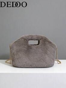 Dedoo Women's Plush Handbag, Shell Shaped, Solid Color, Faux Mink Fur, Hollow Handle, Gold Chain, Crossbody, Fashionable Women Style, Suitable For Autumn/Winter, Party/Date - Camel - View 8