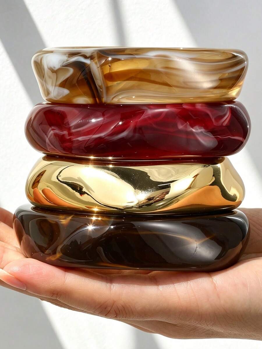 NAIZHU 4件組 Maillard 復古幾何樹脂手鍊,女款,日常配戴、約會、派對飾品 - 彩色 - 查看 1