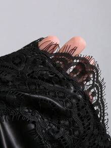 Elegant French Vintage Elastic Satin Silky Brown Casual Contrast Lace Skirt, Fashionable Versatile - Black - View 6
