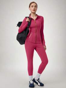 NcmRyu 1-Piece Women's Mandarin Collar Zipper Thumb-Hole Top With Pockets And Fishbone Stitching Jacket And Butt-Lifting Long Pants Set - Pink - View 9