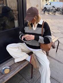 Just Masa Women's Fall Casual Colorblock POLO Collar Sweater Pullover,Long Sleeve Loose Simple Basic Rib-Knit Top,For Daily Wear,Going Out,School - Black and Gray Stripes - View 9