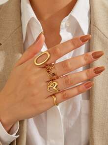 4pcs Stainless Steel Gold Fashion Elegant Luxury Geometric Oval Heart Line Ring Set Suitable For Women Daily Holiday Date Wear - Multicolor - View 1
