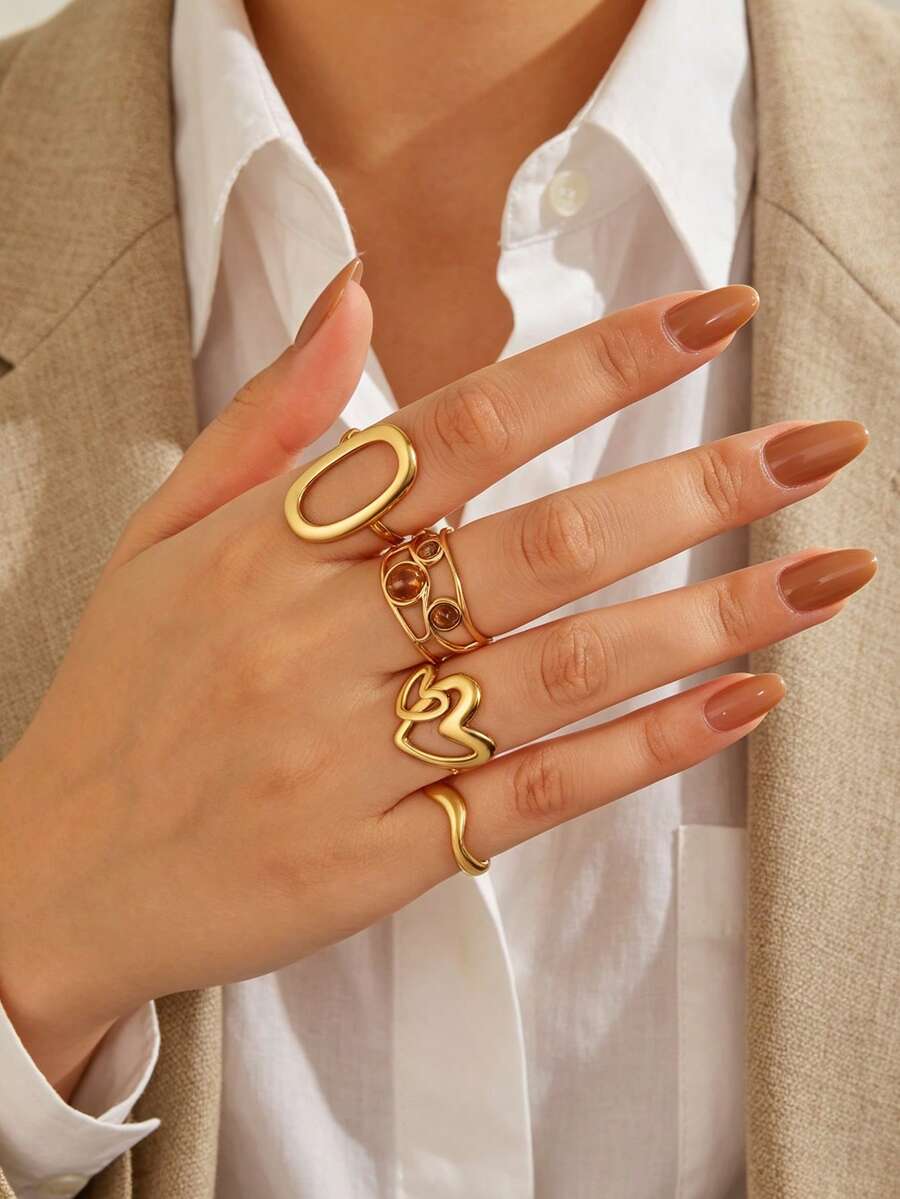 4pcs Stainless Steel Gold Fashion Elegant Luxury Geometric Oval Heart Line Ring Set Suitable For Women Daily Holiday Date Wear - Multicolor - View 1