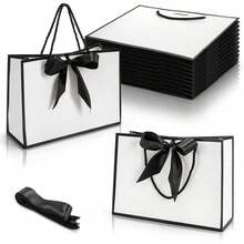 2/10pcs Black & White Reusable Gift Bags With Handles, Elegant Reusable Paper Gift Bag Set With Bow Ribbon, High-End Paper Shopping Bags, Foldable, Suitable For Holidays, Birthdays, Weddings, Parties, Corporate, Retail, Christmas - Multicolor - View 1