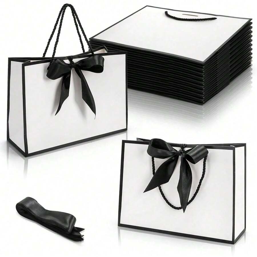 2/10pcs Black & White Reusable Gift Bags With Handles, Elegant Reusable Paper Gift Bag Set With Bow Ribbon, High-End Paper Shopping Bags, Foldable, Suitable For Holidays, Birthdays, Weddings, Parties, Corporate, Retail, Christmas - Multicolor - View 1