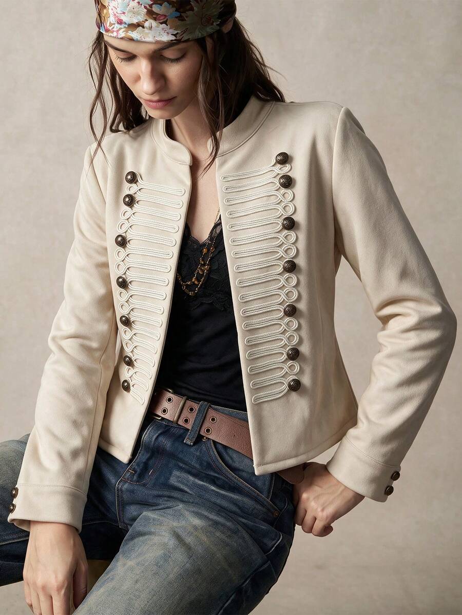 Rusttydustty Women's Apricot Vintage Bohemian Napoleon Jacket, Metal Button Decor, Suitable For Autumn And Halloween Outfits - Apricot - View 1