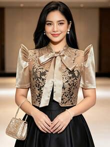 現代菲律賓風優雅花瓣袖短袖針織開襟外套 - 咖啡棕 - 查看 1