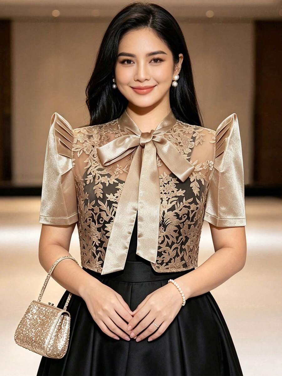 現代菲律賓風優雅花瓣袖短袖針織開襟外套 - 咖啡棕 - 查看 1