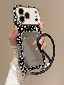 Casing Ponsel Gaya Korea Ins Motif Bunga Hitam Putih dengan Cermin Rias Terintegrasi, Bingkai Lensa Kulit Imitasi Leci Jendela Besar, Perlindungan Penuh Tahan Guncangan dengan Tali Tangan Kulit Hitam, Kompatibel dengan iPhone 18 Pro/18 Pro Max/17/17 Pro/17 Pro Max/16/16 Pro/16 Pro Max/15/15 Pro/15 Pro Max/14/14 Pro/14 Pro Max/13 Pro Max/13 - MultiWarna - View 2