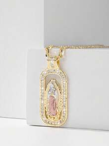 1PC European & American Classic Religious Element Popular Style 14k Gold Plated Copper Material Angel Guadalupe Virgin Mary Guardian Light Limited Edition Pendant Necklace, Paired With 50cm Figaro Chain, Suitable For Christmas/Thanksgiving/Halloween/Mother's Day/Valentine's Day Couples/Friends/Fellow Believers Gift, Catholic First Communion, Gift, Daily & Holiday Wear Prayer - Yellow Gold - View 7