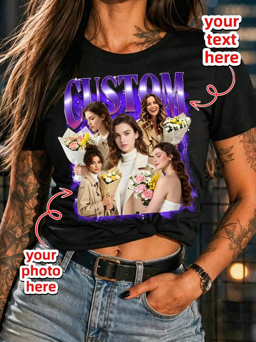 Custom 90s Vintage Bootleg Rap T-Shirt, Upload Your Own Design & Photo, DIY Personalized Graphic Tee, Custom Birthday Gift - Black - View 1
