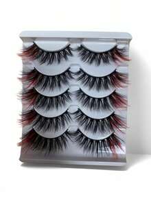 5 Pairs Red Fluffy Faux Mink False Eyelashes, Colorful Tips, 20mm Exaggerated Long Voluminous Cat Eye Fox Eye Lashes, Full Curly Colorful Faux Mink Long False Eyelashes, Russian Strip D Curl Lashes, Suitable For Christmas - Multicolor - View 9