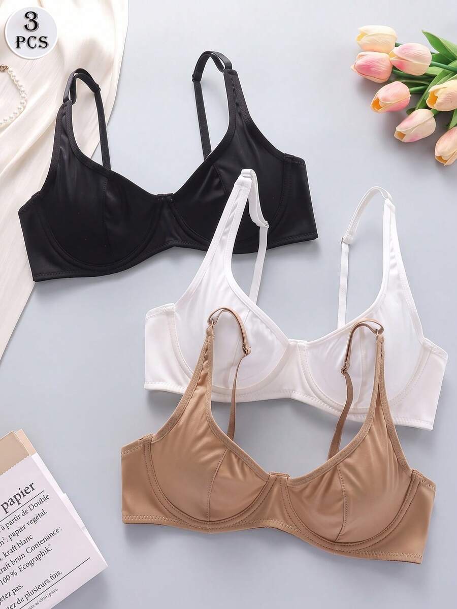 3pcs Women's Simple Solid Color Smooth Underwire Bra Anti-Sagging Lingerie - Multicolor - View 1