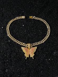 1pc Men's Full Rhinestone Cuban Link Chain Hip Hop Style Personalized Butterfly Pendant Necklace - Butterfly - View 5