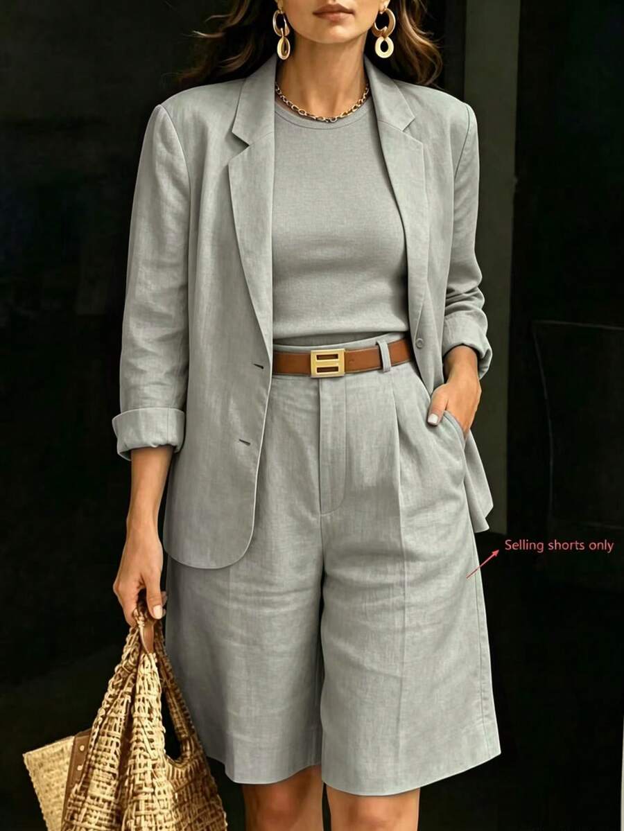 Women's Spring/Autumn Blue Loose Breathable 5-Inch Shorts, French Minimalist Commuter Business Casual Daily Wear Bottoms - Light Grey - View 1